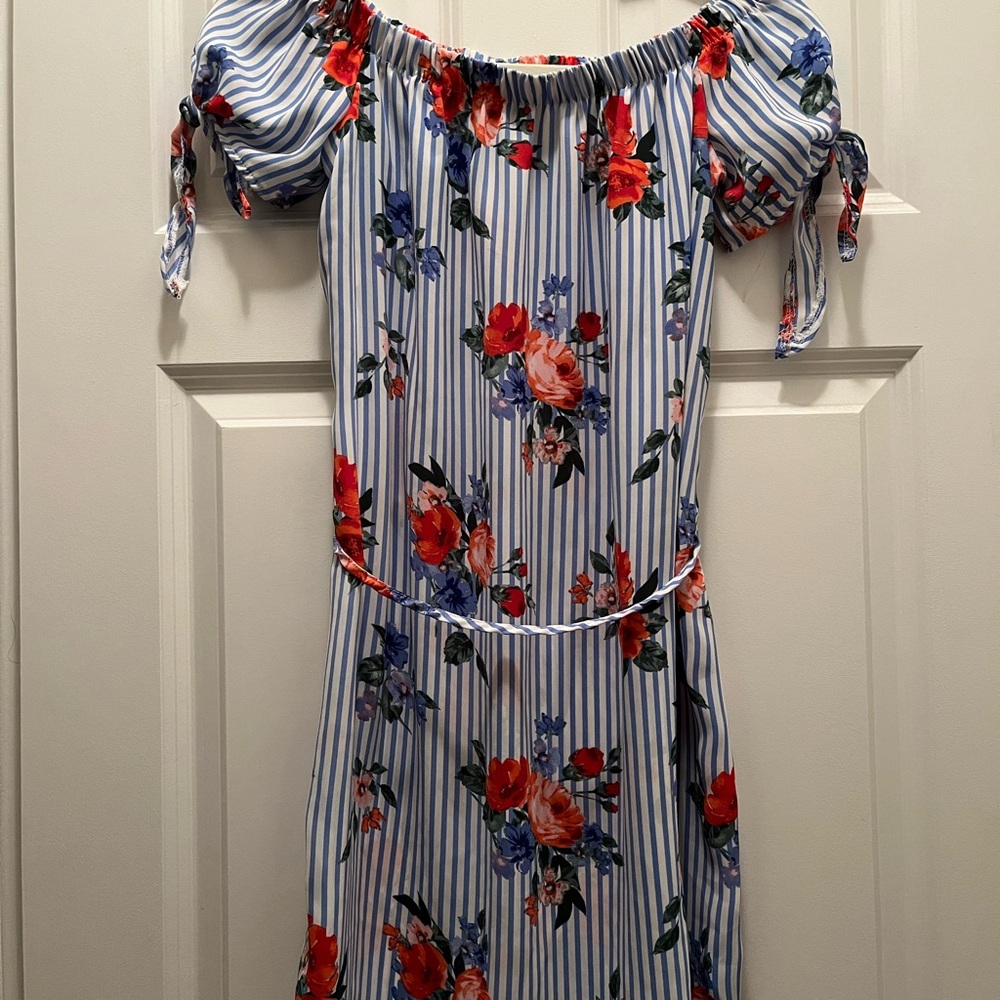 Floral Off-Shoulder Dress with Stripes